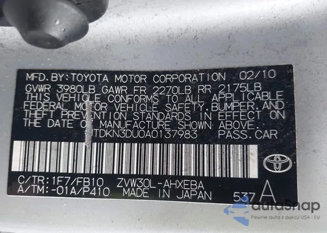 2010 Toyota Prius Ii из США, поврежденный, VIN JTDKN3DU0A0137983